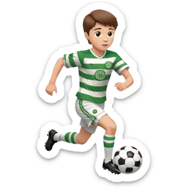 Celtic footballer jersey logo  6 years old brown hair white boy , brown eyes , stripes uniform , RUNNING  with soccer ball # 17 celtic football logo PUT ONLY ONE LOGO ONE CELTIC LOGO ONLY white shorts sticker