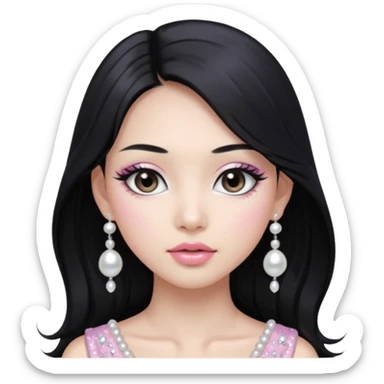 asian long black hair silver grey eyes glossy lips glittery white and light pink eyeshadow girl pearl earrings sticker