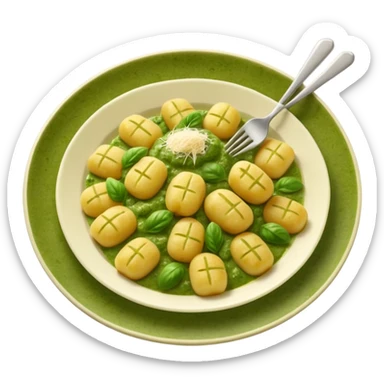 Gnocchi Cinematic Realistic Gnocchi Dish Emoji, depicted as tender oblong potato gnocchi garnished with iconic fork marks on top, rendered with soft textures and warm, inviting lighting. add green pesto sauce sticker