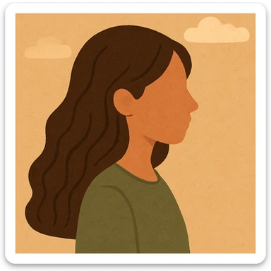 Make the faceless Asian woman with long, wavy hair face sideways in flat warm colors style. sticker