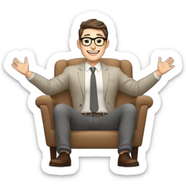 Joyful Celebrating victory Hands up Pale skinned Fit Man With dark brown hair in gray jacket, beige office shirt, Brown pants and vintage glasses sitting In a soft chair sticker