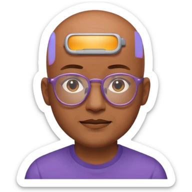 expressive Twitch emote of a cartoon-style character in an emoji-like art style. Bright colors, outlined, transparent background. Use the following face: male person in their early 30s, brown skin, bald, with glasses and a gentle face. sticker
