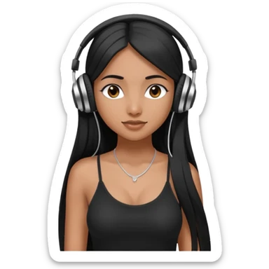 a fair INDIAN girl with straight black long hair, wearing a black cami top. and wearing silver  headphones on sticker