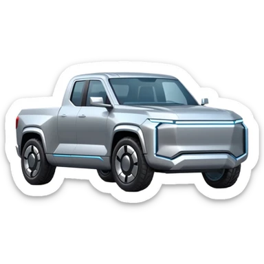 A futuristic electric pickup truck emoji, silver chrome body, angular cyber design, smooth metallic panels, subtle reflections, minimalistic proportions, iOS emoji style, centered composition, clean white background, soft lighting sticker
