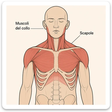 vista frontale con didascalie di diaframma bloccato, muscoli del collo e scapole evidenziati, spiegazione in italiano sticker