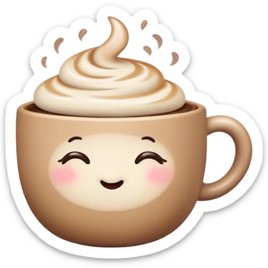 Cute Kawaii Coffee Cup, cozy and warm, a tiny swirl of steam shaped like a heart, round chubby face with a sleepy but content expression, soft pastel brown and cream colors, perfect morning vibes! sticker
