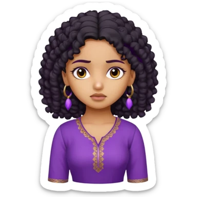 a tan pretty bratz indian girl with curly black hair, looking sad. purple kurti sticker