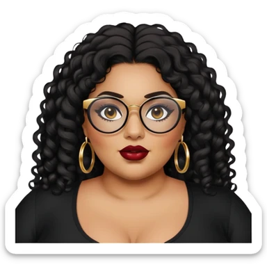 big plus size, latina, darker tan skin, gold hoops, long black curly hair, baddie,pretty, makeup, dark red lipgloss, black eyeliner, long hair, black top, black glasses sticker