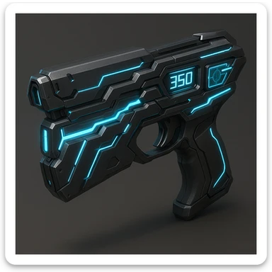 a compact, handheld sci-fi gun reminiscent of the Dominator from Psycho-Pass, with digital displays and blue energy highlights sticker