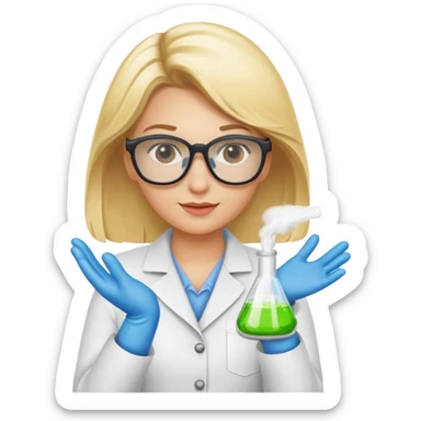 Eine hellblonde Chemikerin mit Kittel, Handschuhen, großer Labor-Sicherheitsbrille und typischem Erlmeyerkolben in der Hand, weißer Hintergrund sticker