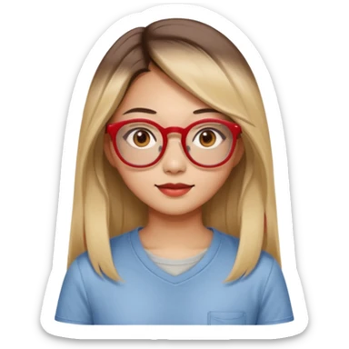 20 yr old asian woman, straight thick long brown hair, blond at ends of hair, center part to hair, big red glasses, brown eyes, casual shirt sticker