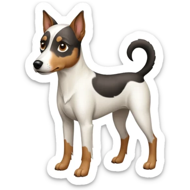 a full body large white parson russell looking dog the size of a kelpie with light brown flapped down ears and a light brown patch on one eye and a large snout sticker