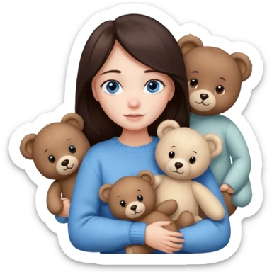 a girl with long dark brown hair, with blue eyes, in a
white sweater, hugs 3 different natural coloured sticker