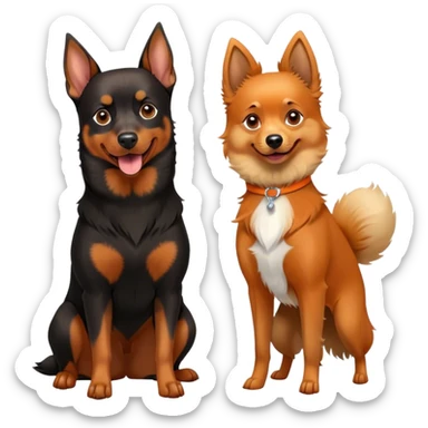 Doberman Pinscher and Pomeranian Spitz standing side by side. The Doberman has a sleek black and tan coat with alert ears, while the Pomeranian has a fluffy orange coat and a joyful expression. Beautiful natural background, with a clear blue sky and green grass. Transparent background. sticker