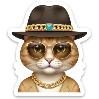female cat close-up head and shoulders wearing Run DMC style, fedora, dark sunglasses, gold chains, bling sticker
