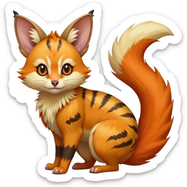 Hyper realistic volcanic fiery flammable beautiful elegant pretty precious cute  Fakémon-Pokémon-opossum-feline-serval-caracal-chinchilla-Flareon-Furret-Minccino-hybrid-creature with a big fluffy bushy tail (full body) sticker