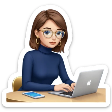 Girl with brown hair, navy blue turtleneck, gold hoop earrings, blue light glasses, working on laptop sticker