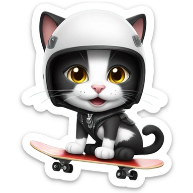 Smiling Black and white cat skateboarding with crash helmet  sticker