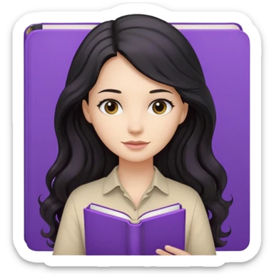 Long Hair Women with purple Book, Black wavy hair, beige shirt sticker