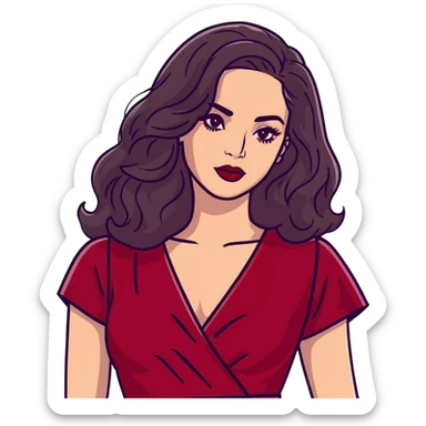 High-profile artistic woman with radiant complexion, long voluminous dark hair with soft waves, large almond eyes with bold eyeliner, defined brows, glamorous red lipstick, wearing sophisticated wine red velvet dress with V-neckline, elegant confident expression sticker
