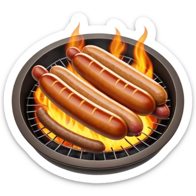 Cinematic Realistic Sausage Sizzle Dish Emoji, featuring sizzling sausages cooking over an open flame rendered with dynamic textures and warm, smoky lighting. sticker
