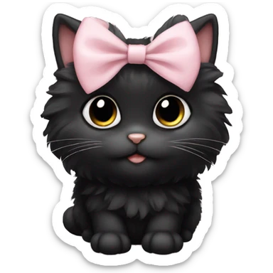 fluffy fat black kitten with pale pink bow sticker