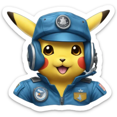 pikachu in a blue captain pilot suit with a blue captain hat sticker