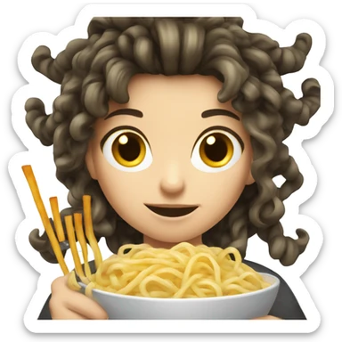 Caucasian girl with dark spiky hair eating noodles sticker