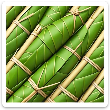 Rice dumpling Zongzi wrapped in bamboo leaves, simplified emoji style with bold outlines and bright colors, cartoon style sweet glutinous rice treat sticker