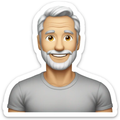 mid 50s dad, grinning, muscular, with beard, grey hair, portrait, wearing v necj t shirt sticker