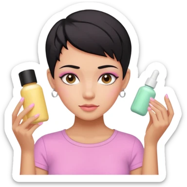 tan girl pink shirt with black hair & a pixie, cut no earrings, doing pastel colors skin care sticker