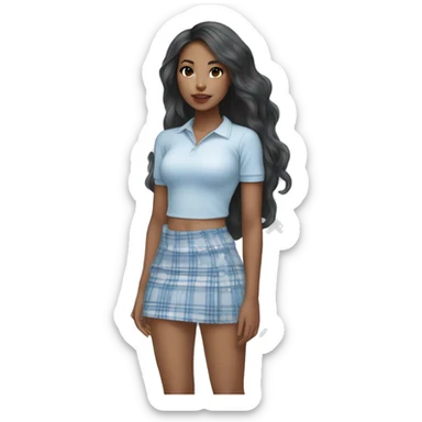 Pretty mixed Asian black girl with long wavy hair wearing a baby blue and white plaid mini skirt  sticker