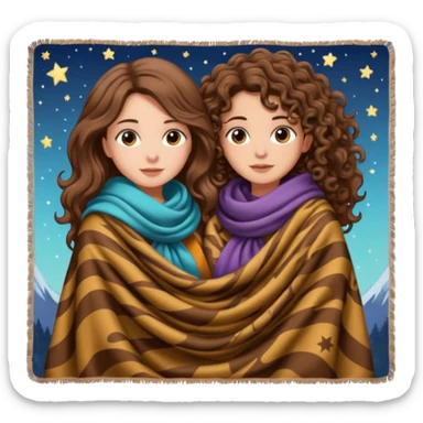 star blanket scene — long wavy brown hair tattooed woman and short tight curly brown hair woman — sharing oversized scarf blanket sticker