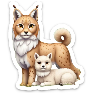Collage of exotic animals: a lynx with striking eyes, and a fluffy alpaca standing in a lush meadow. The lynx gazes intently while the alpaca looks calm and curious. Surrounded by vibrant plants and flowers. Transparent background for a lively, colorful scene. sticker