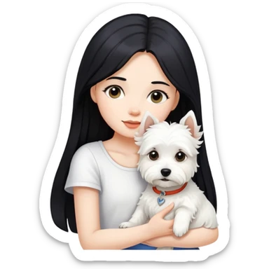 A girl with long black hair is holding a white terrier dog sticker