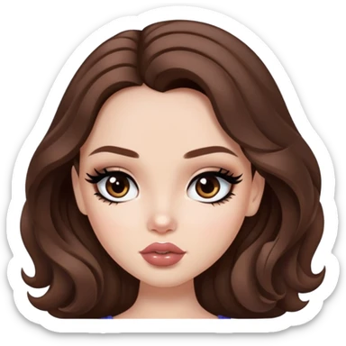 wavy brown hair, pretty lips, pale skin,  dark brown eyes, pretty bratz baddie, black eyeliner sticker