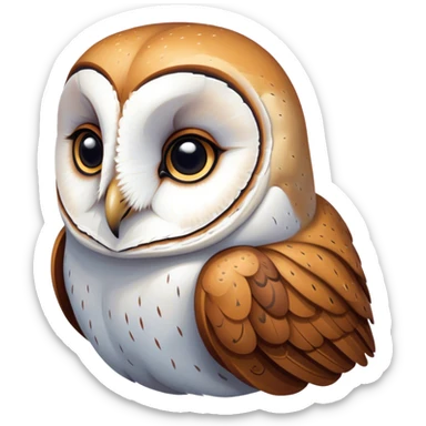 Cinematic Deep Thought Barn Owl Portrait Emoji, Head held high with a serene, contemplative gaze, showcasing its beautifully patterned plumage of white and brown, with eyes deeply focused as if pondering ancient secrets, Simplified yet majestically refined features, highly detailed, glowing with a soft, introspective light, high shine, poised and pensive, stylized with an air of profound wisdom, capturing the essence of an owl immersed in deep thought, so thoughtful it feels like it could silently whisper timeless wisdom from beyond the screen! sticker