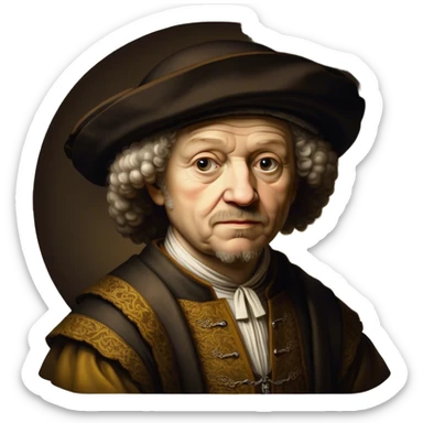 Cinematic Realistic portrait of Rembrandt, shown as a master artist with deep, introspective eyes and richly detailed period clothing, rendered with dramatic chiaroscuro lighting that emphasizes his legacy sticker