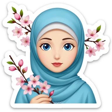 Turkish beautiful finish Konya girl blue eyes with hijab islamic dress and had on her hand cherry blossom sticker