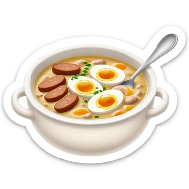 cinematic-realistic zurek-soup-dish-emoji,-depicted-as-a-tangy,-creamy-rye-soup-with-sausage-and-boiled egg-rendered-with-detailed-textures-and-warm,-comforting-lighting. sticker
