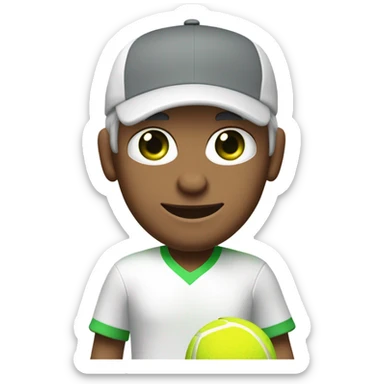 Tennisplayer white-male in his 50s,Green-eyes, gray-hear, white cap and white-shirt with tennis-raquet and tennis-ball sticker