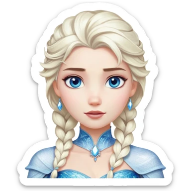Cinematic Realistic Elsa Portrait, depicted with lifelike skin texture, soft natural lighting, and intricately detailed platinum blonde hair styled elegantly. Her striking, expressive blue eyes exude confidence and grace, complemented by a serene and regal expression. She is dressed in her signature icy attire, with shimmering fabric textures and delicate folds that catch the light beautifully. The portrait features a soft, enchanting glow with a cool, radiant finish, capturing the essence of timeless elegance in a realistic and painterly style, evoking a sense of depth and authenticity. sticker