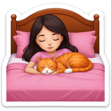 Girl with honey skin and thigh length dark blackish brown hair sleeping in a bed with a pink bed set next to her orange cat sticker