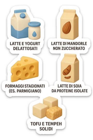 emoji stile iphone 3d di questi elementi che fluttuano in aria:

Latte e yogurt delattosati
Latte di mandorla (non zuccherato)
Latte di soia da proteine isolate
Formaggi stagionati (es. parmigiano)
Tofu compatto e tempeh
 che fluttuano in aria,  le etichette scrivile in italiano, iperealistico 4k sticker