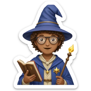 A Joyful Teen Male with Brown skin and Curly hair, wearing a Traditional outfit, a Wizard hat, Sunglasses, carrying a Spellbook, working as a farmer, while drinking Coffee and reading a Textbook. sticker