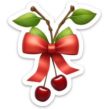 A gift bow with two short strings hanging down. From the center of the bow, two cherry stems with cherries dangle down, as if they are part of the bow sticker