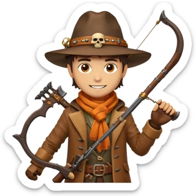 male human monster hunter emoji, wearing brown leather coat and wide hat, holding crossbow or rifle, with amulet shaped like skull, Halloween fantasy theme, confident smile, orange scarf, Apple emoji style, clean white background, square image sticker
