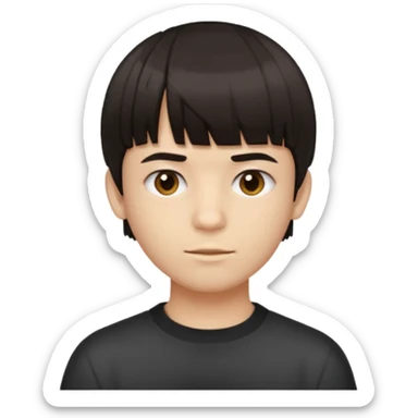 A boy no long hair À emoji that don’t smile Dark brown thick hair, short blunt fringe with straight bangs, compact textured top, evenly cut front, short tapered sides (not shaved), clean modern haircut, realistic emoji style, neutral expression. sticker
