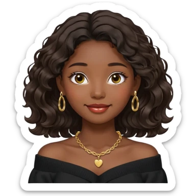A South Korean girl with dark brown black wavy hair with middle part and layers. She is wearing a black off the shoulder long sleeve sweater, tiny gold hoop earrings and a dainty gold necklace. She is sweet and smiling with lips together sticker
