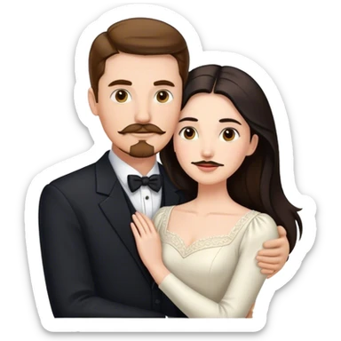 married couple portrait, tall white man with brown hair goatee mustache embracing a pale woman with long black hair, wearing formal clothing sticker